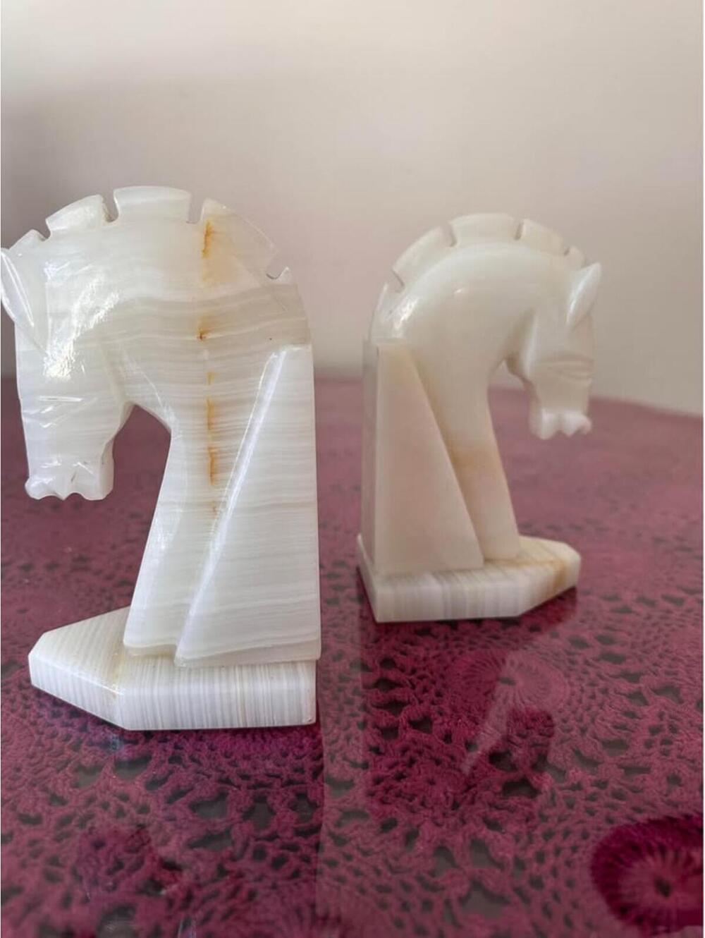 Pair of Vintage Bookends Hand Carved Onyx Horse Knight Chess Piece